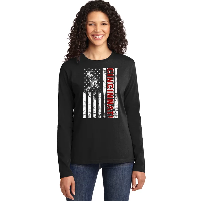 Cincinnati Baseball American Flag Vintage Baseball Fans Ladies Long Sleeve Shirt