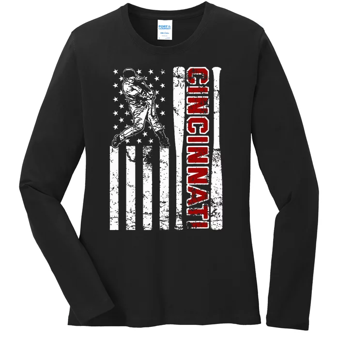 Cincinnati Baseball American Flag Vintage Baseball Fans Ladies Long Sleeve Shirt