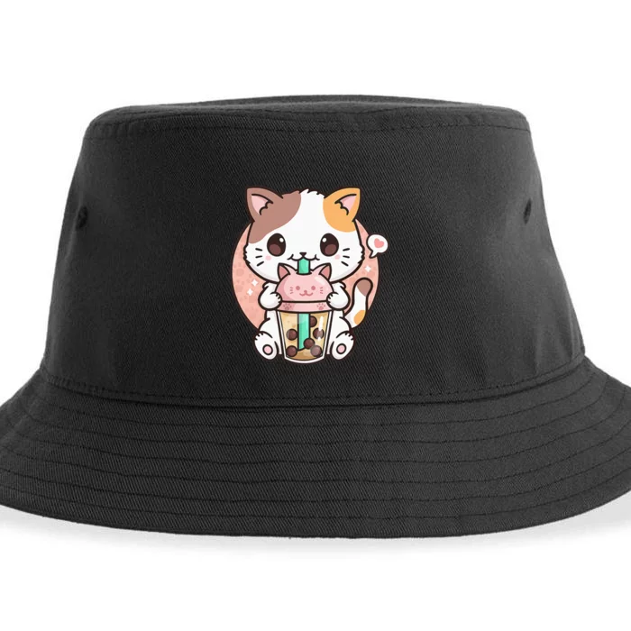 Cat Boba Anime Bubble Tea Neko Kawaii Sustainable Bucket Hat