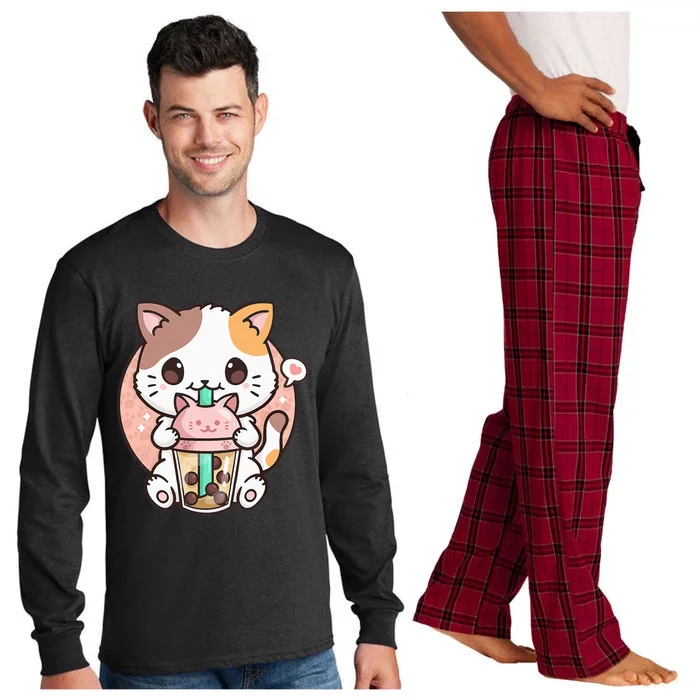 Cat Boba Anime Bubble Tea Neko Kawaii Long Sleeve Pajama Set