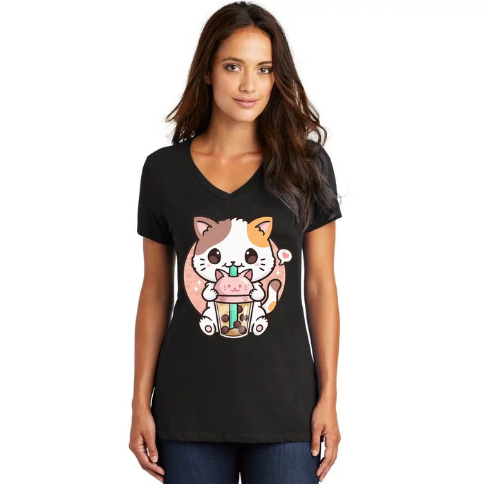 Cat Boba Anime Bubble Tea Neko Kawaii Women's V-Neck T-Shirt