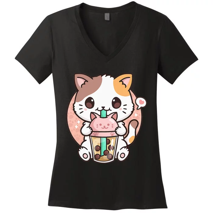 Cat Boba Anime Bubble Tea Neko Kawaii Women's V-Neck T-Shirt