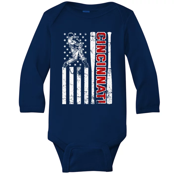 Cincinnati Baseball American Flag Vintage Baseball Fans Baby Long Sleeve Bodysuit