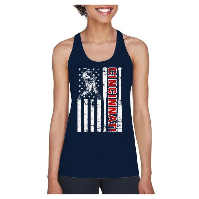 Cincinnati Baseball American Flag Vintage Baseball Fans Women's Racerback Tank