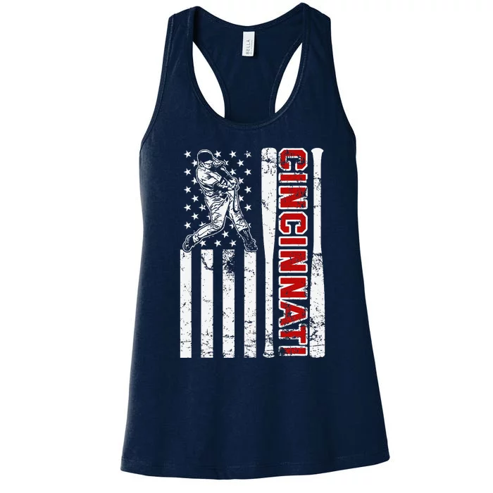 Cincinnati Baseball American Flag Vintage Baseball Fans Women's Racerback Tank