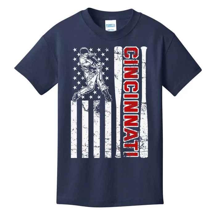 Cincinnati Baseball American Flag Vintage Baseball Fans Kids T-Shirt