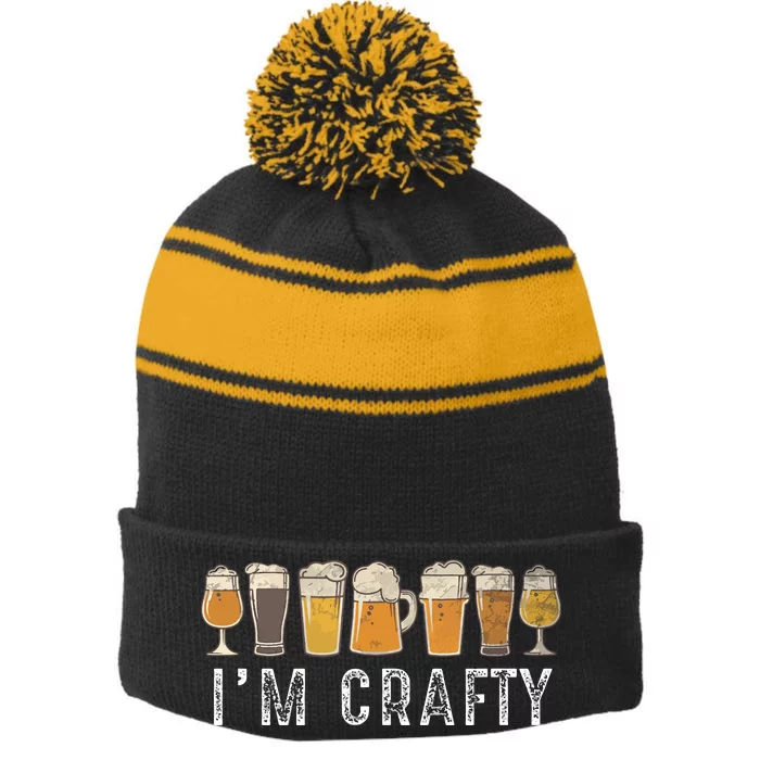 Craft Beer Art I'm Crafty Home Brew Beer Vintage Stripe Pom Pom Beanie