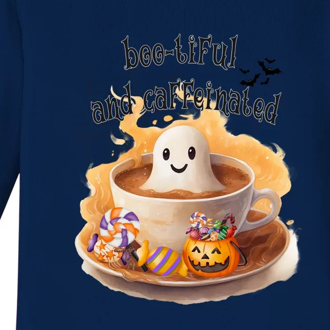 Cute Bootiful And Caffeinated Ghost In Coffee Halloween Gift Baby Long Sleeve Bodysuit