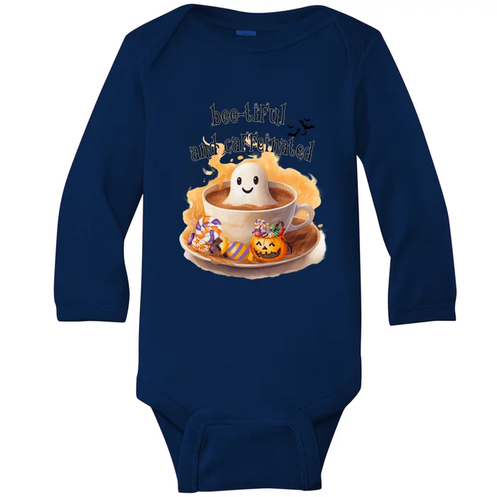 Cute Bootiful And Caffeinated Ghost In Coffee Halloween Gift Baby Long Sleeve Bodysuit