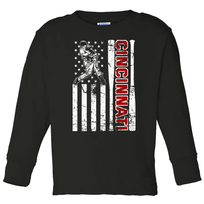 Cincinnati Baseball American Flag Toddler Long Sleeve Shirt