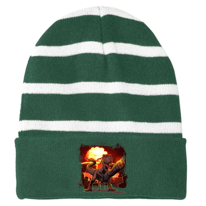 Comic Book Action Hero Movie Trex Dinosaur Striped Beanie with Solid Band