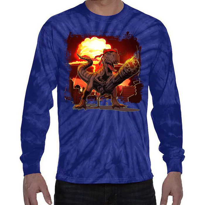 Comic Book Action Hero Movie Trex Dinosaur Tie-Dye Long Sleeve Shirt