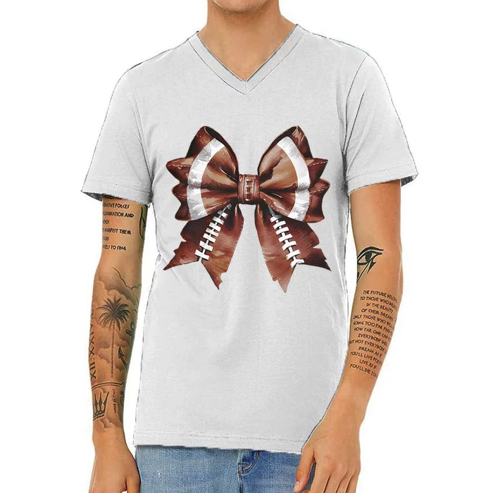 Coquette Bow American Football Thanksgiving Autumn Fall V-Neck T-Shirt