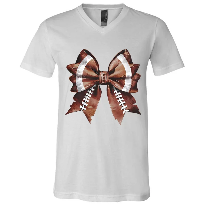 Coquette Bow American Football Thanksgiving Autumn Fall V-Neck T-Shirt