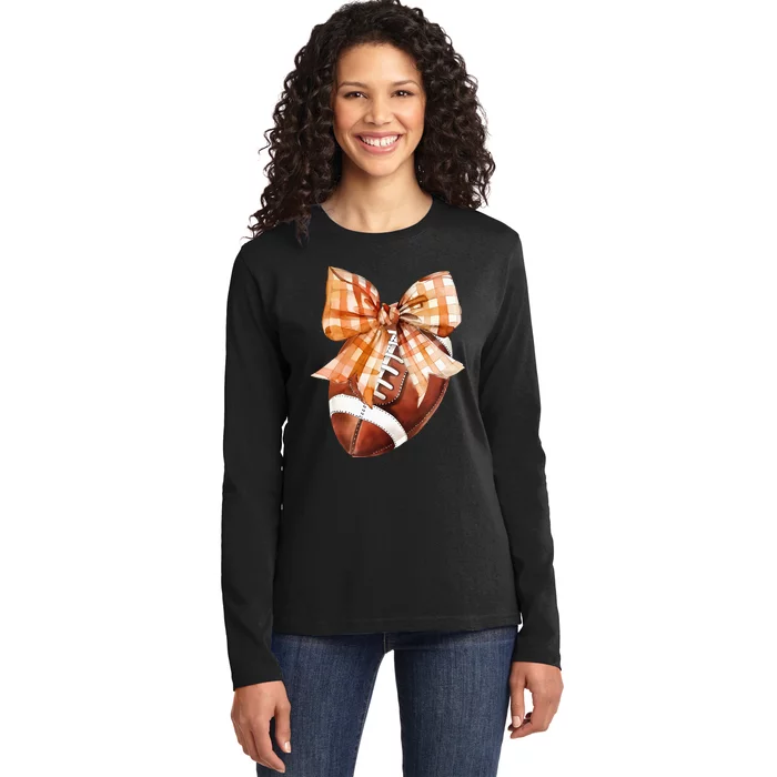 Coquette Bow American Football Autumn Thanksgiving Game Day Ladies Long Sleeve Shirt