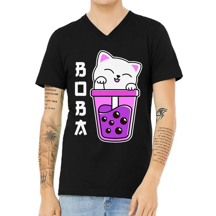 Cat Boba Anime Bubble Tea Neko Kawaii Teen V-Neck T-Shirt