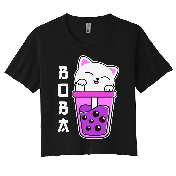 Cat Boba Anime Bubble Tea Neko Kawaii Teen Women's Crop Top Tee