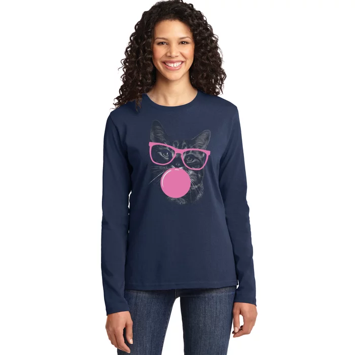 Cat Blowing Bubble Gum Ladies Long Sleeve Shirt