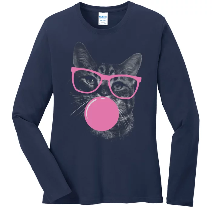 Cat Blowing Bubble Gum Ladies Long Sleeve Shirt