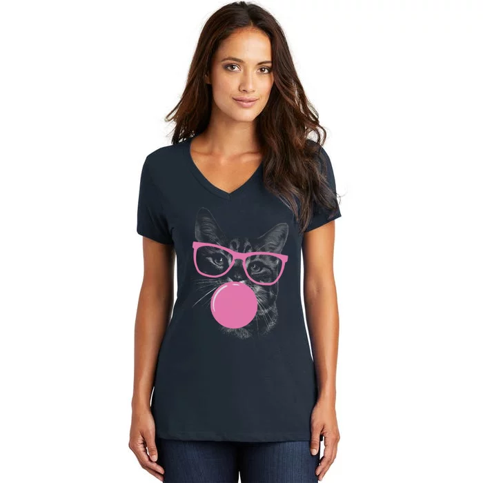 Cat Blowing Bubble Gum Women's V-Neck T-Shirt