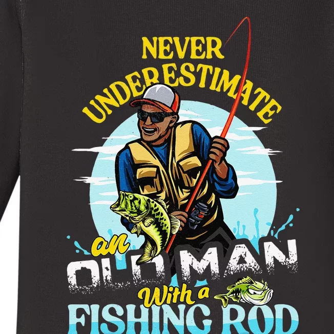 Cute BIPOC Bass Fishing Birthday Never Underestimate Old Man Baby Long Sleeve Bodysuit