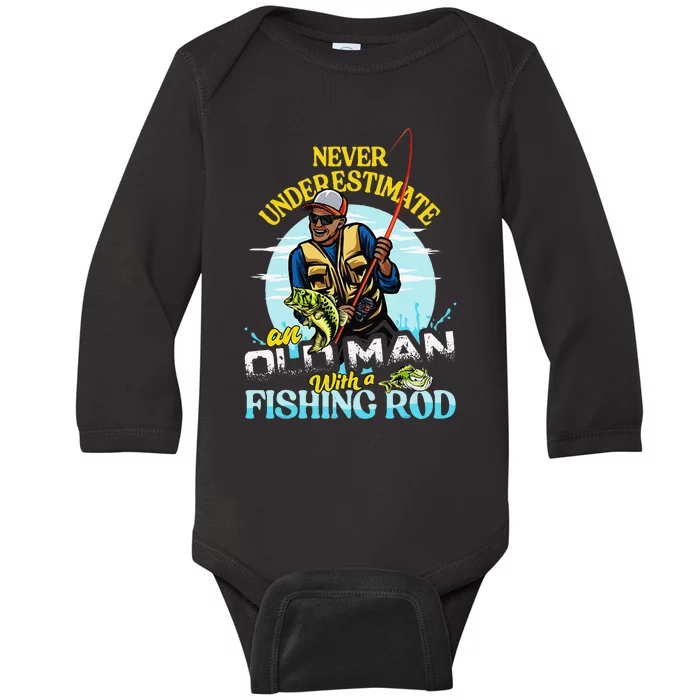 Cute BIPOC Bass Fishing Birthday Never Underestimate Old Man Baby Long Sleeve Bodysuit