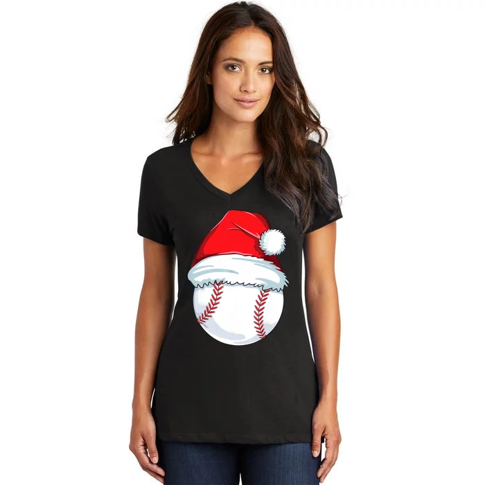 Christmas Baseball Ball Santa Pajama Women's V-Neck T-Shirt