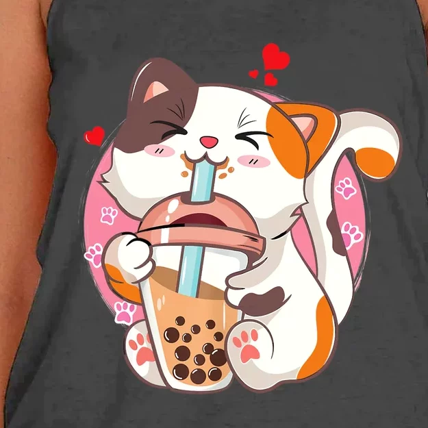 Cat Boba Bubble Tea Kawaii Anime Japanese Teen Women's Knotted Racerback Tank