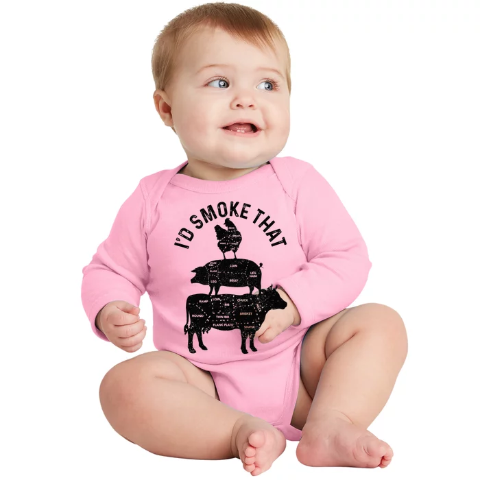 Chef Butcher BBQ Id Smoke That Pork Beef Funny Fathers Day Baby Long Sleeve Bodysuit