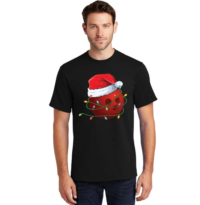 Christmas Bowling Ball Santa Hat Wrapped In Holiday Lights Gift Tall T-Shirt