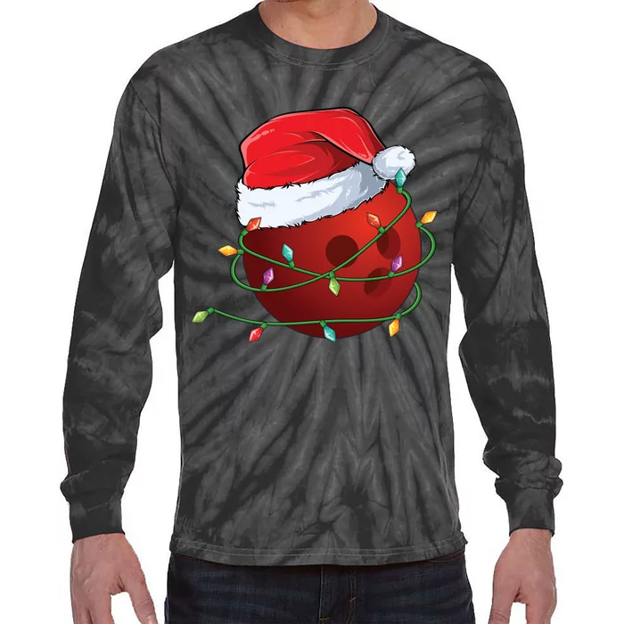 Christmas Bowling Ball Santa Hat Wrapped In Holiday Lights Gift Tie-Dye Long Sleeve Shirt