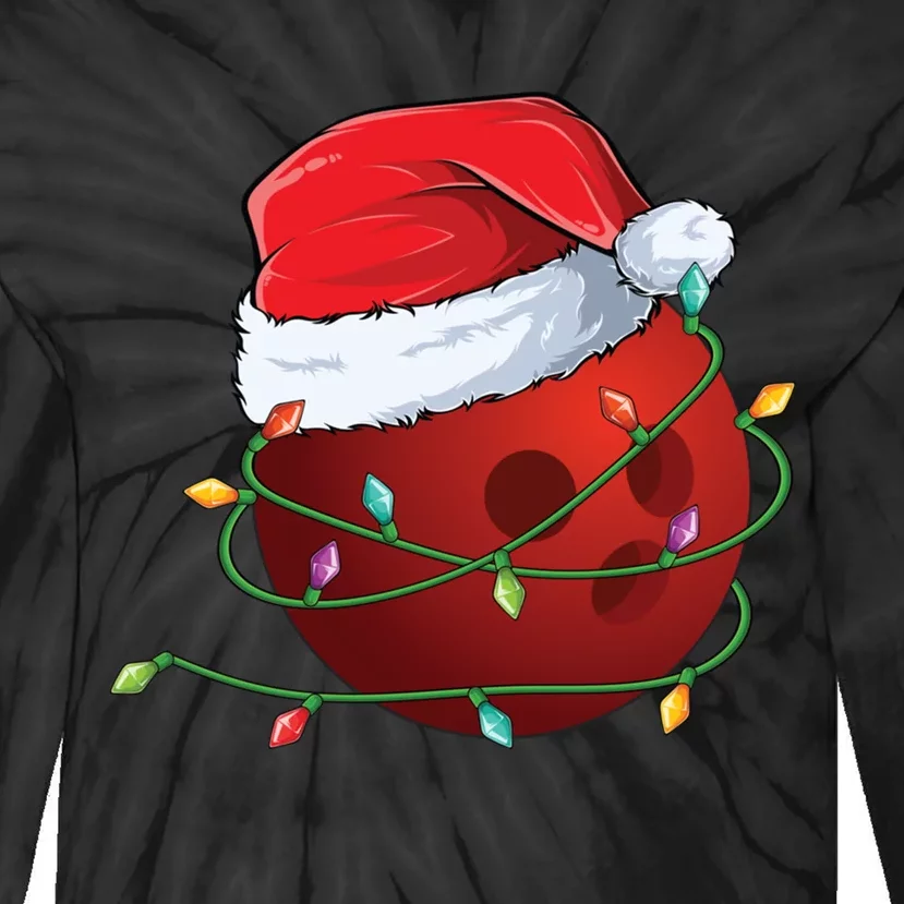 Christmas Bowling Ball Santa Hat Wrapped In Holiday Lights Gift Tie-Dye Long Sleeve Shirt