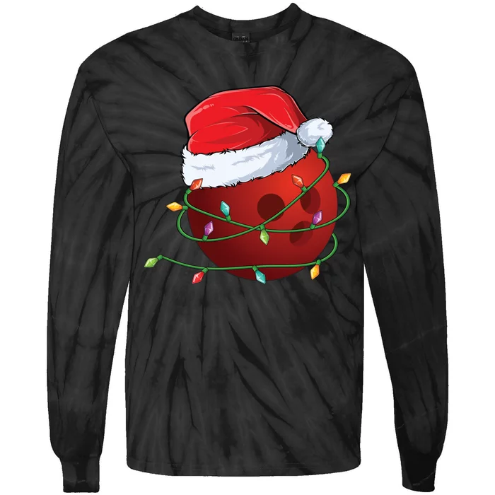 Christmas Bowling Ball Santa Hat Wrapped In Holiday Lights Gift Tie-Dye Long Sleeve Shirt