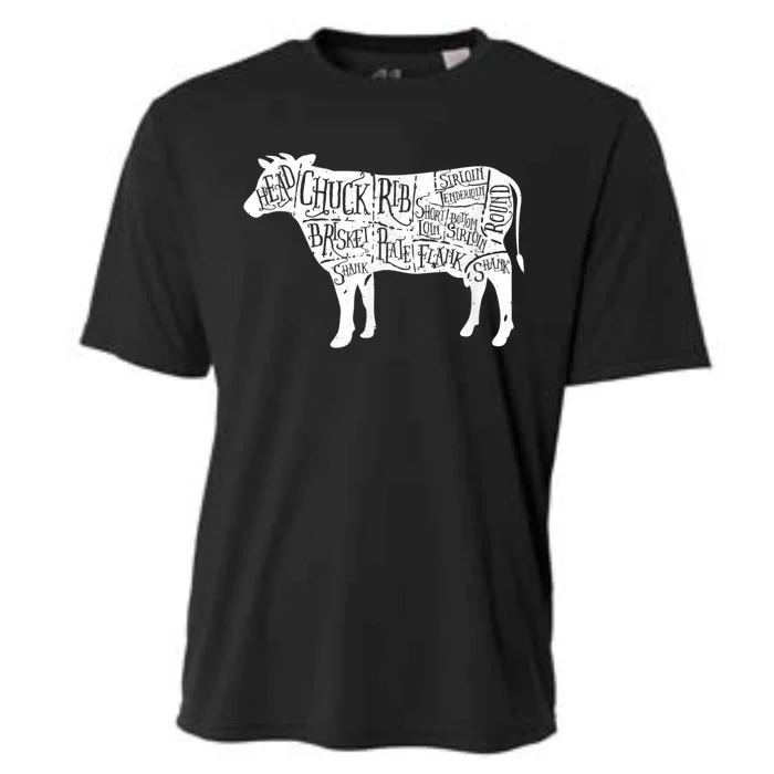 Cow Butcher Beef Cuts Diagram Cooling Performance Crew T-Shirt