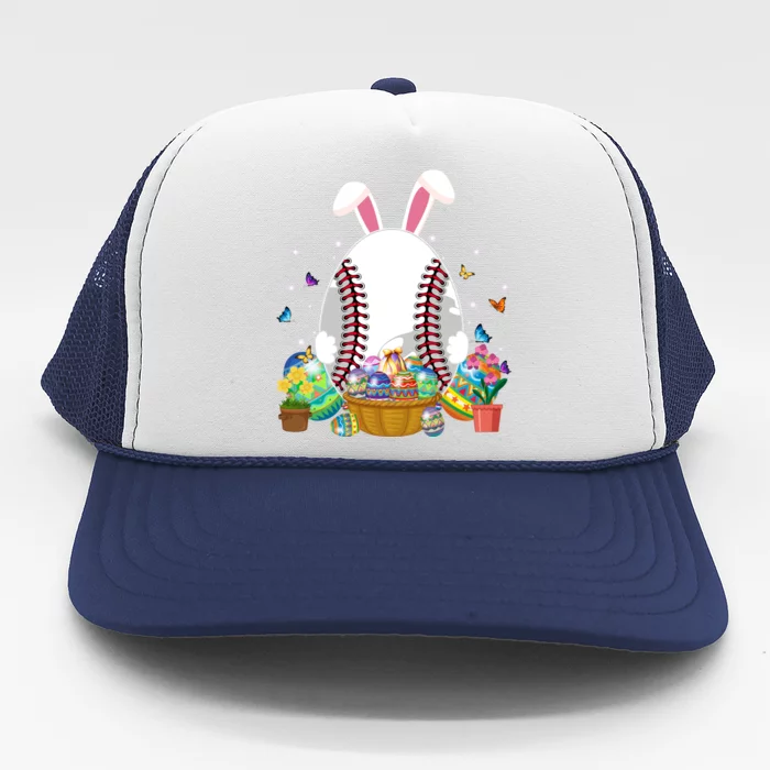 Cute Baseball Ball Wearing Bunny Ears Eggs Happy Easter Day Cool Gift Trucker Hat