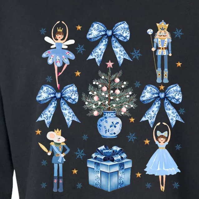 Coquette Blue Bow Nutcracker Xmas Merry Christmas Pajamas Cropped Pullover Crew