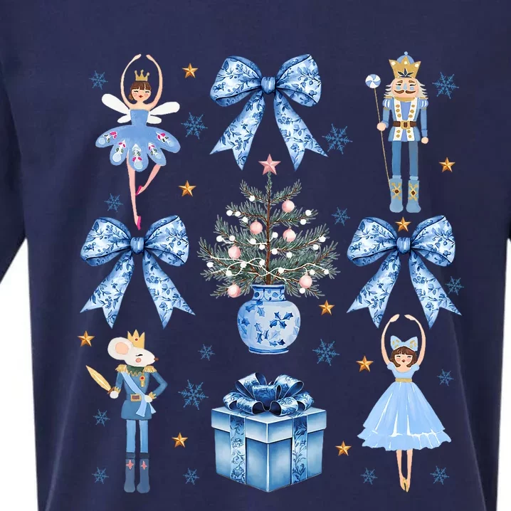 Coquette Blue Bow Nutcracker Xmas Merry Christmas Pajamas Sueded Cloud Jersey T-Shirt