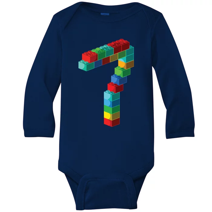 Cute Block Building 7th Birthday Gift 7 Years Old Boy Girl Baby Long Sleeve Bodysuit