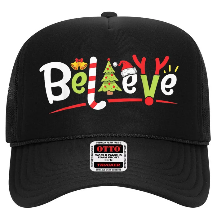 Christmas Believe Boy Girls Santa Hat Xmas Tree Antlers High Crown Mesh Trucker Hat