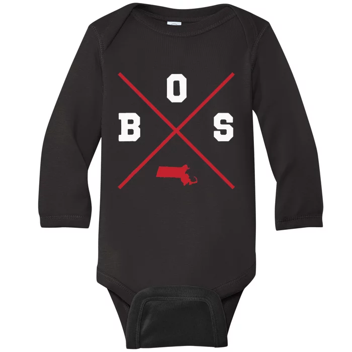 Classic Bos Boston Massachusetts Red Vintage State Outline Baby Long Sleeve Bodysuit