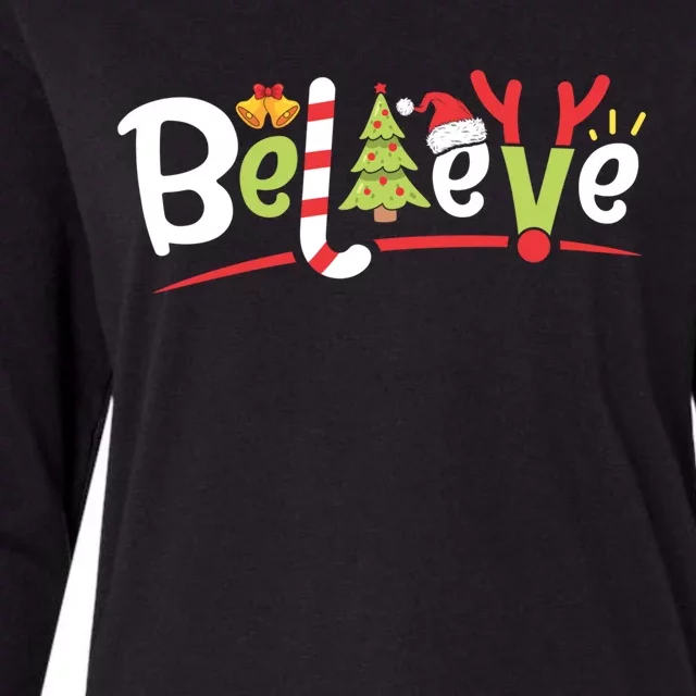 Christmas Believe Boys Girls Santa Hat Xmas Tree Antlers Gift Womens Cotton Relaxed Long Sleeve T-Shirt