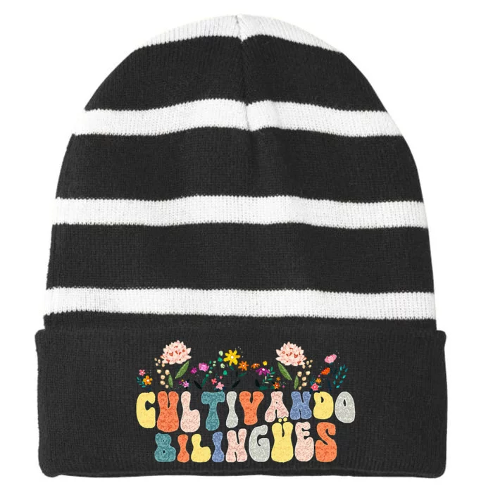 Cultivando Bilingues Best Spanish Teacher Dual Language Crew Striped Beanie with Solid Band