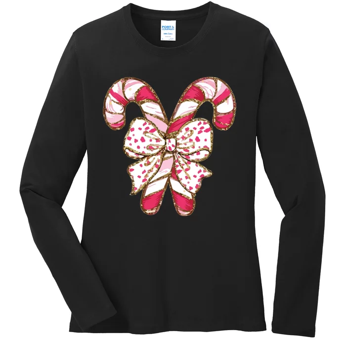 Christmas Bow Candy Cane Ladies Long Sleeve Shirt