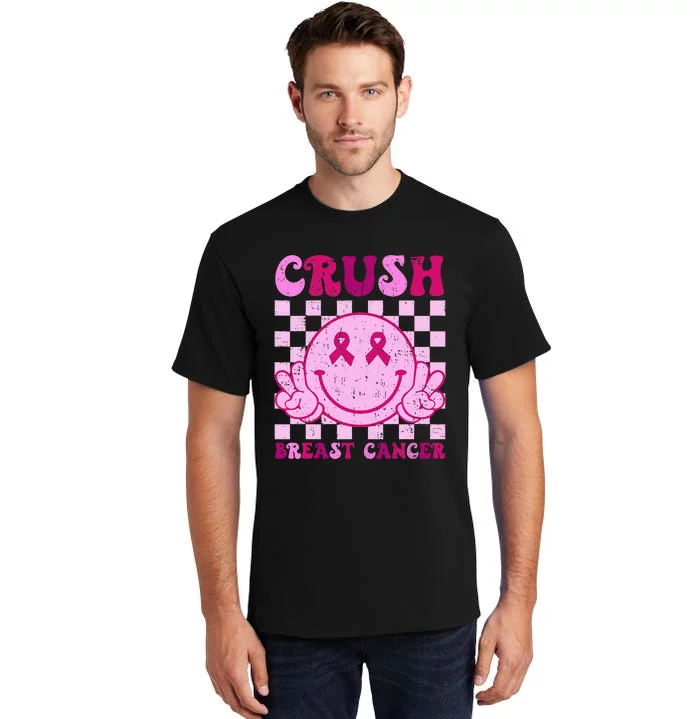 Crush Breast Cancer Awareness Groovy Retro Smile Face Tall T-Shirt