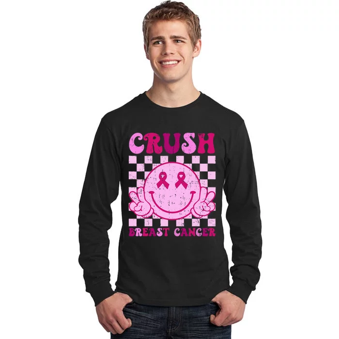 Crush Breast Cancer Awareness Groovy Retro Smile Face Tall Long Sleeve T-Shirt