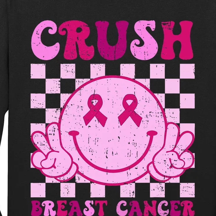 Crush Breast Cancer Awareness Groovy Retro Smile Face Tall Long Sleeve T-Shirt