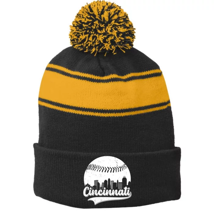 Cincinnati Baseball City Skyline Stripe Pom Pom Beanie