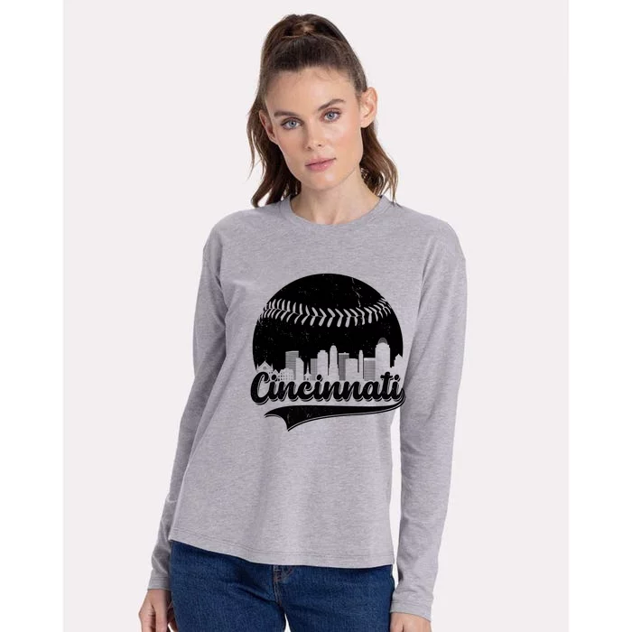 Cincinnati Baseball City Skyline Womens Cotton Relaxed Long Sleeve T-Shirt