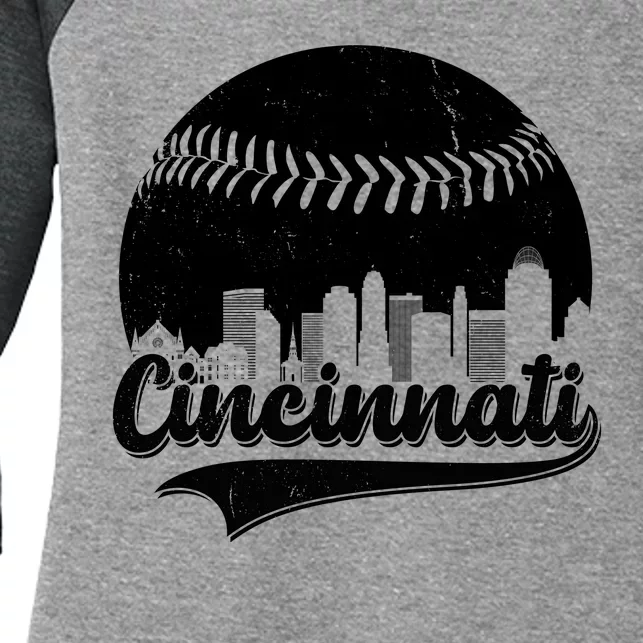 Cincinnati Baseball City Skyline Women's Tri-Blend 3/4-Sleeve Raglan Shirt