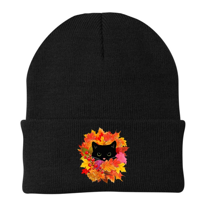 Cute Black Cat Pile of Leaves Cute Cats and Fall Season Knit Cap Winter Beanie